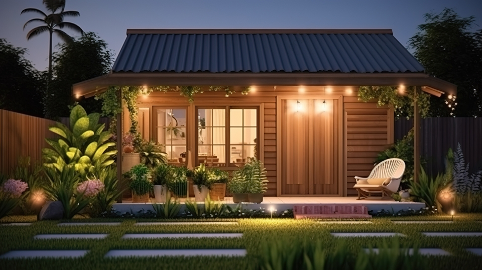 A cozy, small wooden house with a metal roof is well-lit at dusk. The porch is adorned with hanging plants, potted greenery, and a white chair. Pathway stones lead to the entrance, surrounded by a lush landscape reminiscent of Louisville KY gardens, with flowers and various plants.