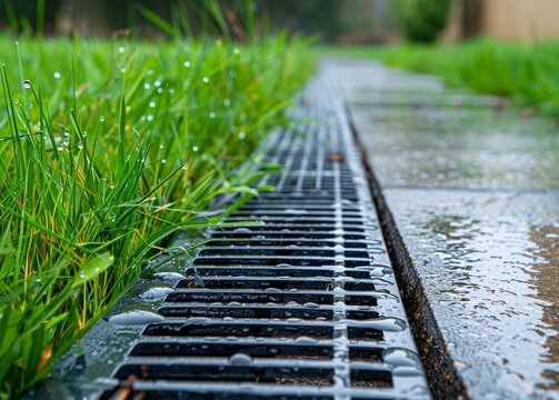 Close-up of a wet metal drain grate beside a concrete walkway in Metroville, highlighting effective yard drainage. Fresh green grass with rain droplets and pavement create a glistening effect, capturing a cool, moist atmosphere.